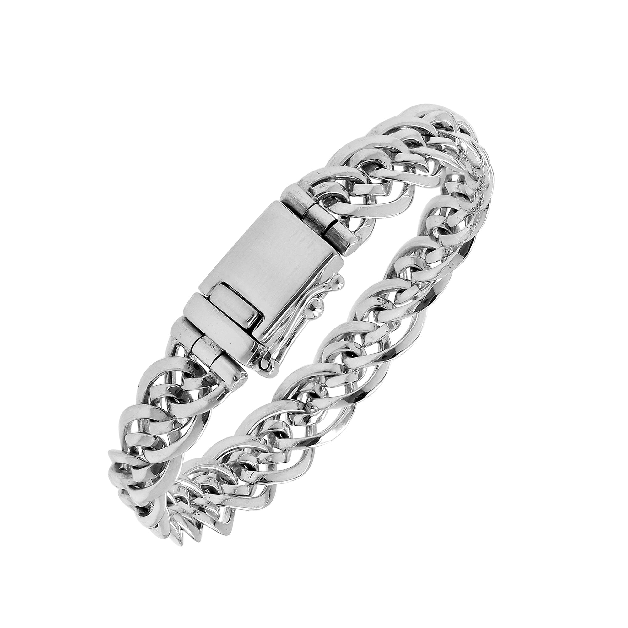 Sterling silver men’s chain bracelet with polished finish, box clasp, and safety latch.