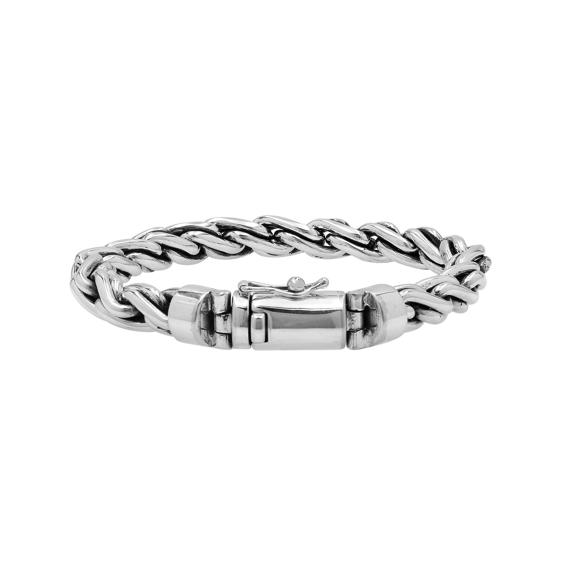 Sterling silver twisted chain bracelet with polished finish and secure box clasp.