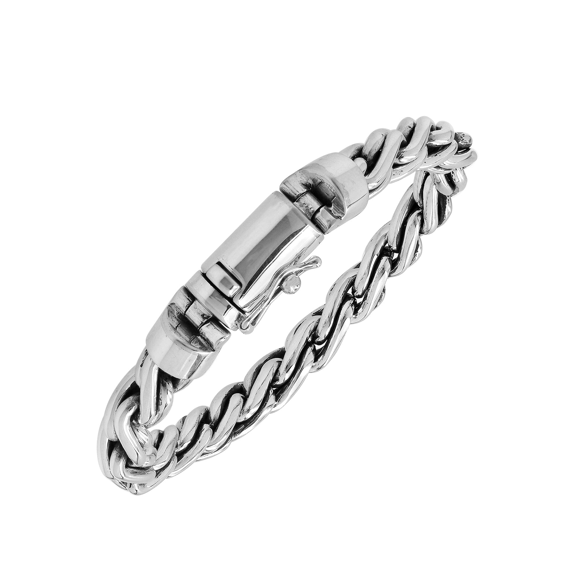 Sterling silver twisted chain bracelet with polished finish and secure box clasp.