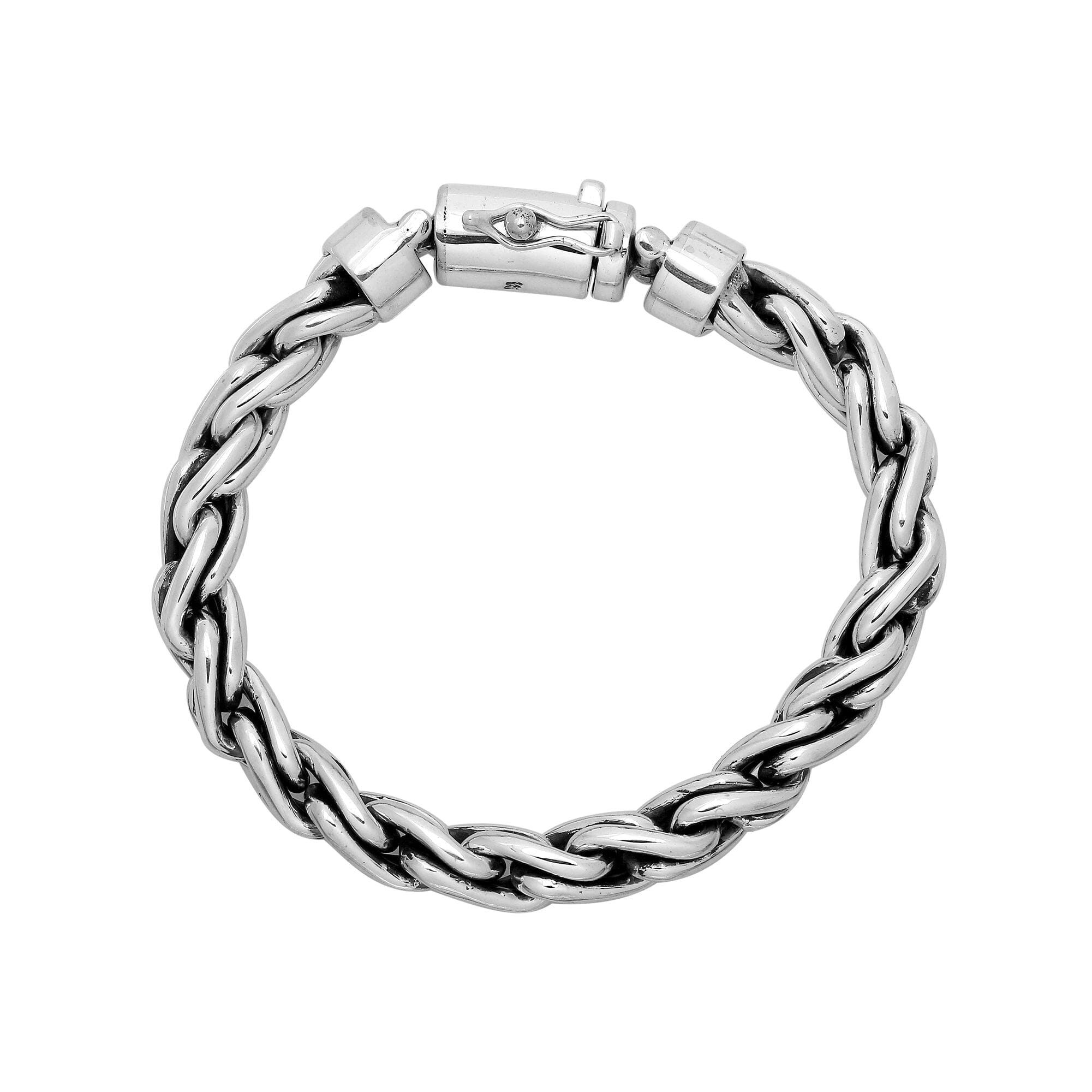 Sterling silver interlocked chain bracelet with polished finish and box clasp.