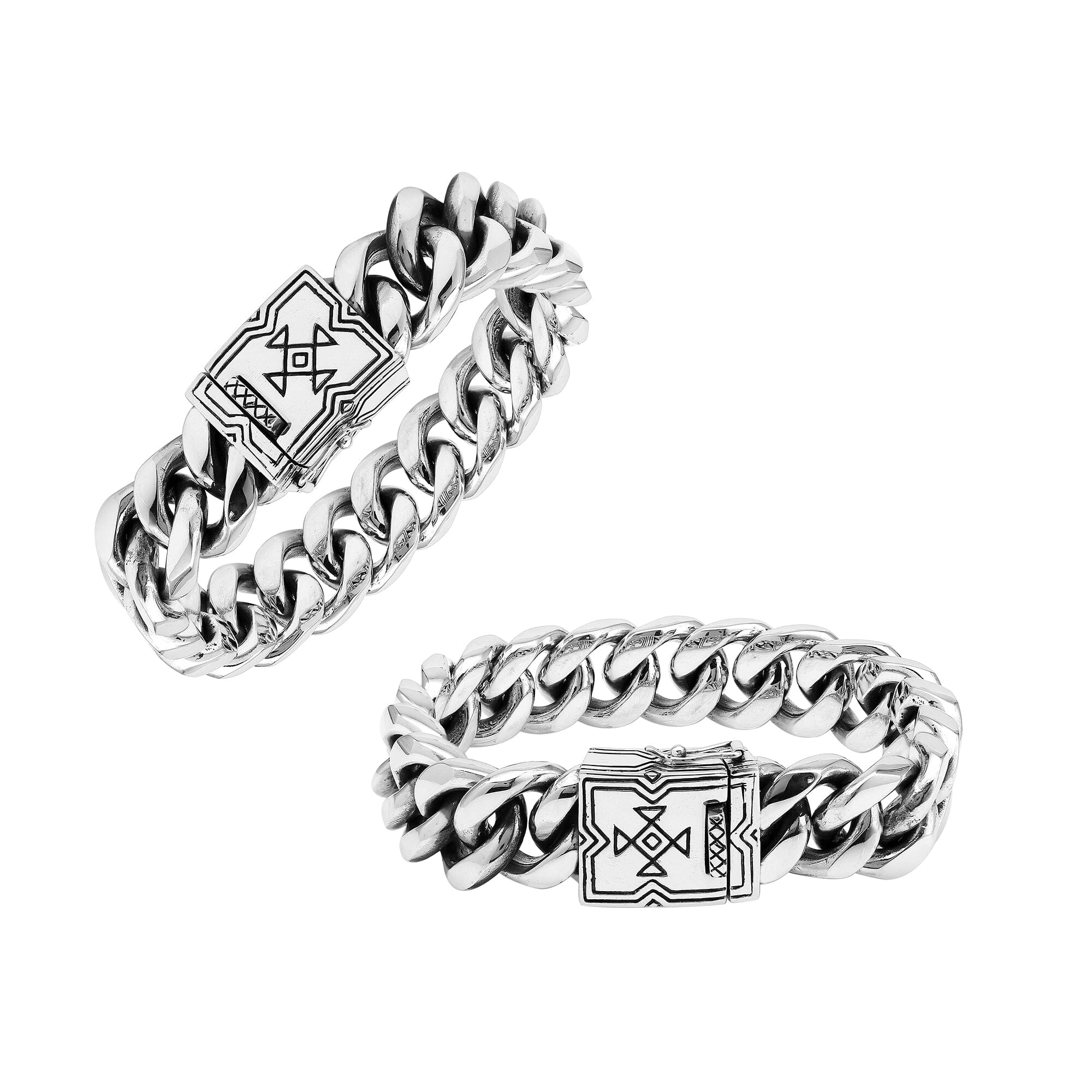 Sterling Silver Curb Chain Bracelet With Engraved Geometric Box Clasp For Retail