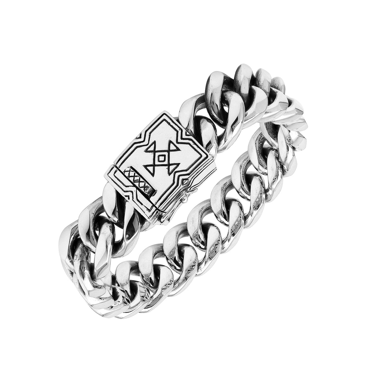 Sterling Silver Curb Chain Bracelet With Engraved Geometric Box Clasp For Retail