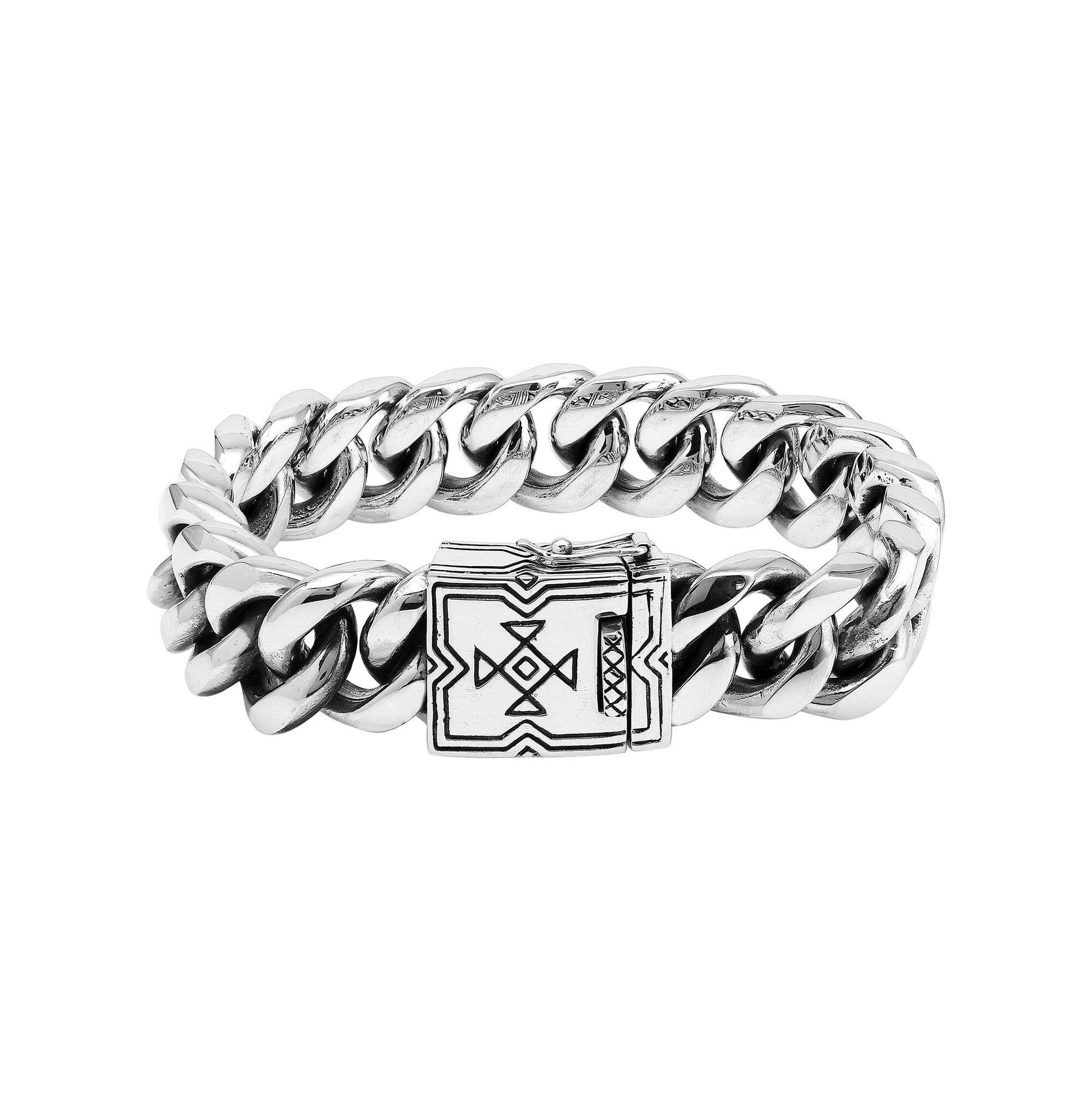 Sterling Silver Curb Chain Bracelet With Engraved Geometric Box Clasp For Retail