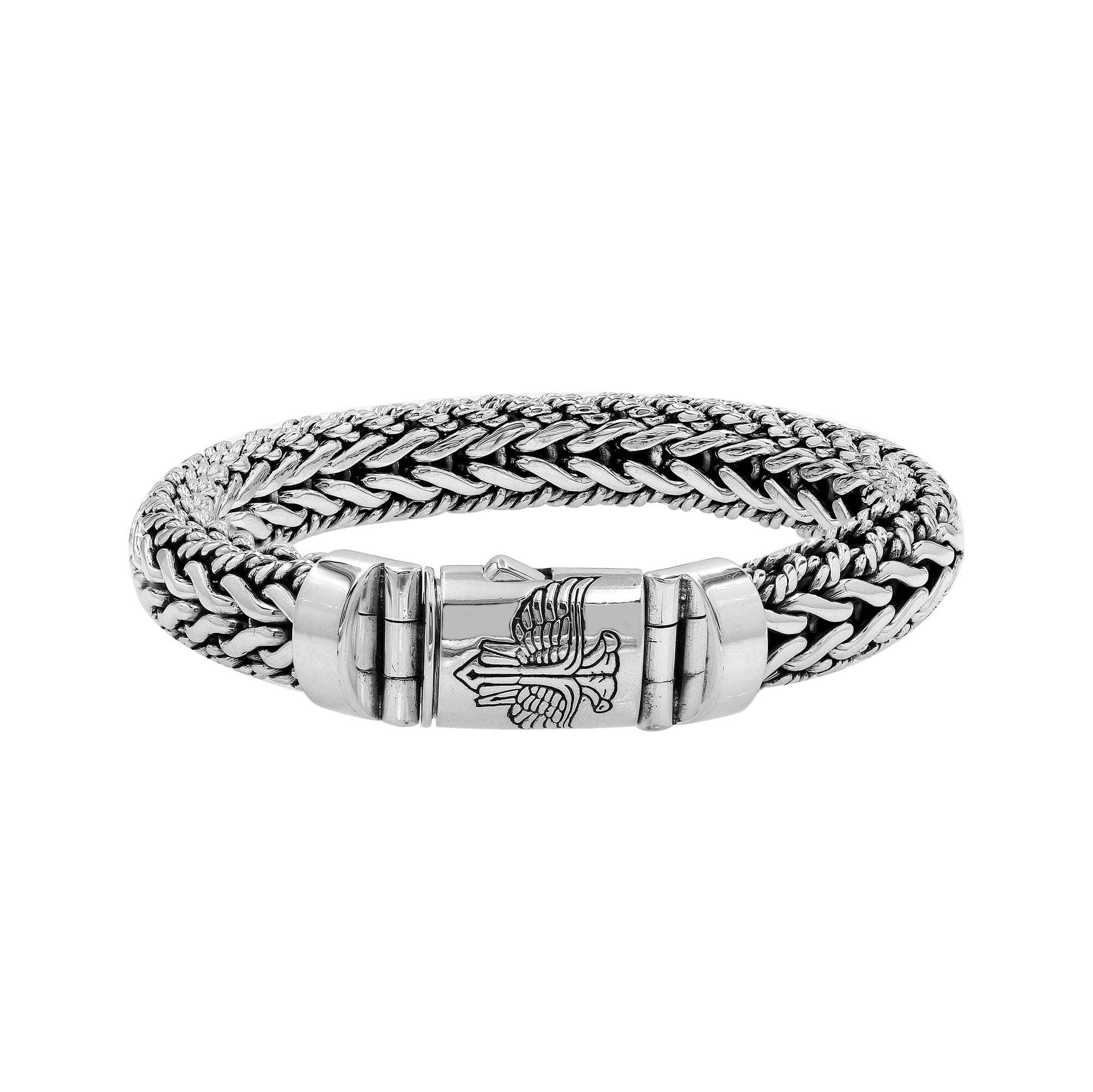 Sterling Silver Woven Bracelet With Decorative Engraved Box Clasp For Retail