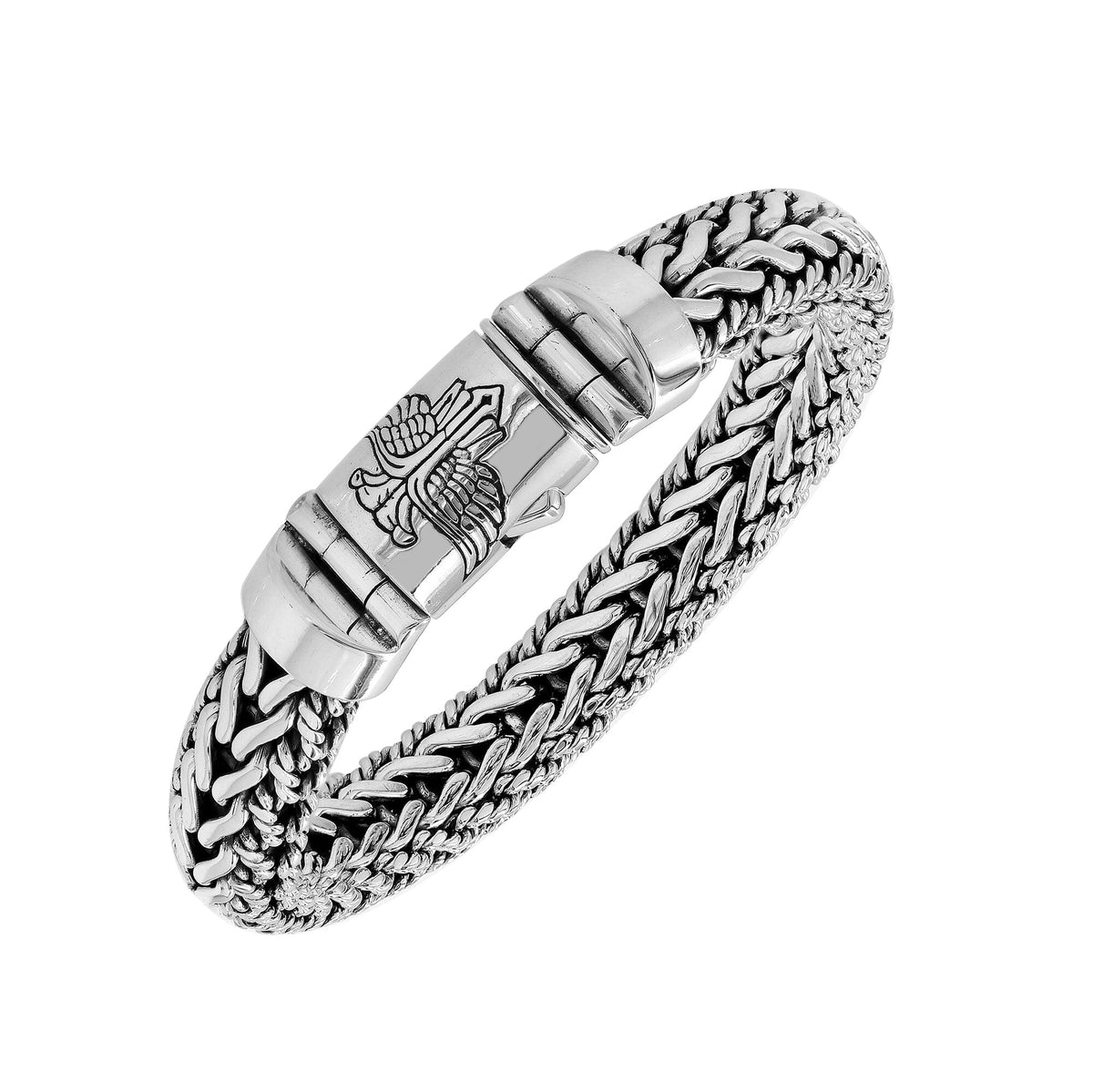 Sterling Silver Woven Bracelet With Decorative Engraved Box Clasp For Retail