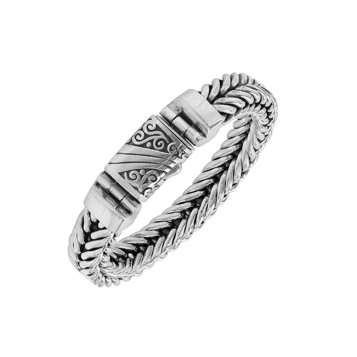Sterling Silver Woven Bracelet With Polished Engraved Push Clasp For Retail