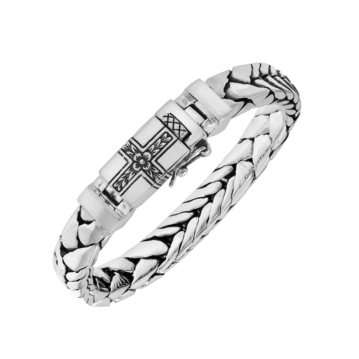 Sterling Silver Woven Bracelet With Engraved Box Clasp And Safety Latch For Retail