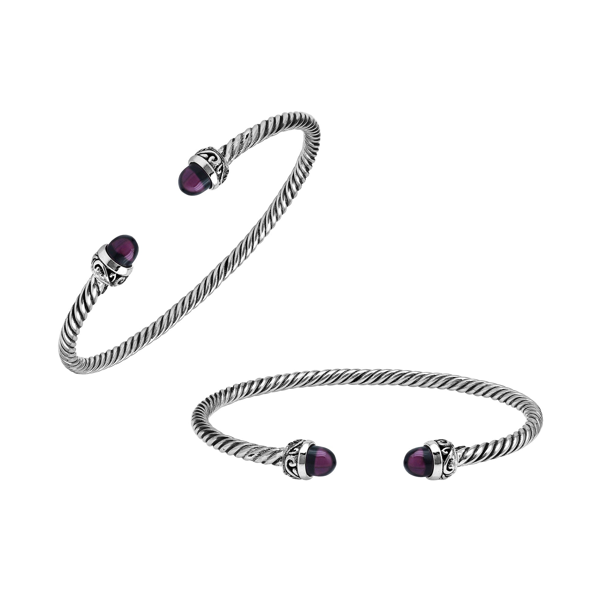 Sterling Silver Twisted Bangle With Amethyst Quartz End Caps For Retail