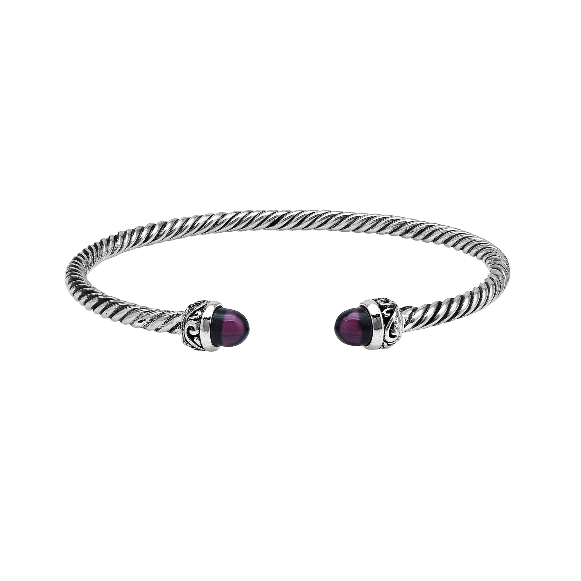 Sterling Silver Twisted Bangle With Amethyst Quartz End Caps For Retail