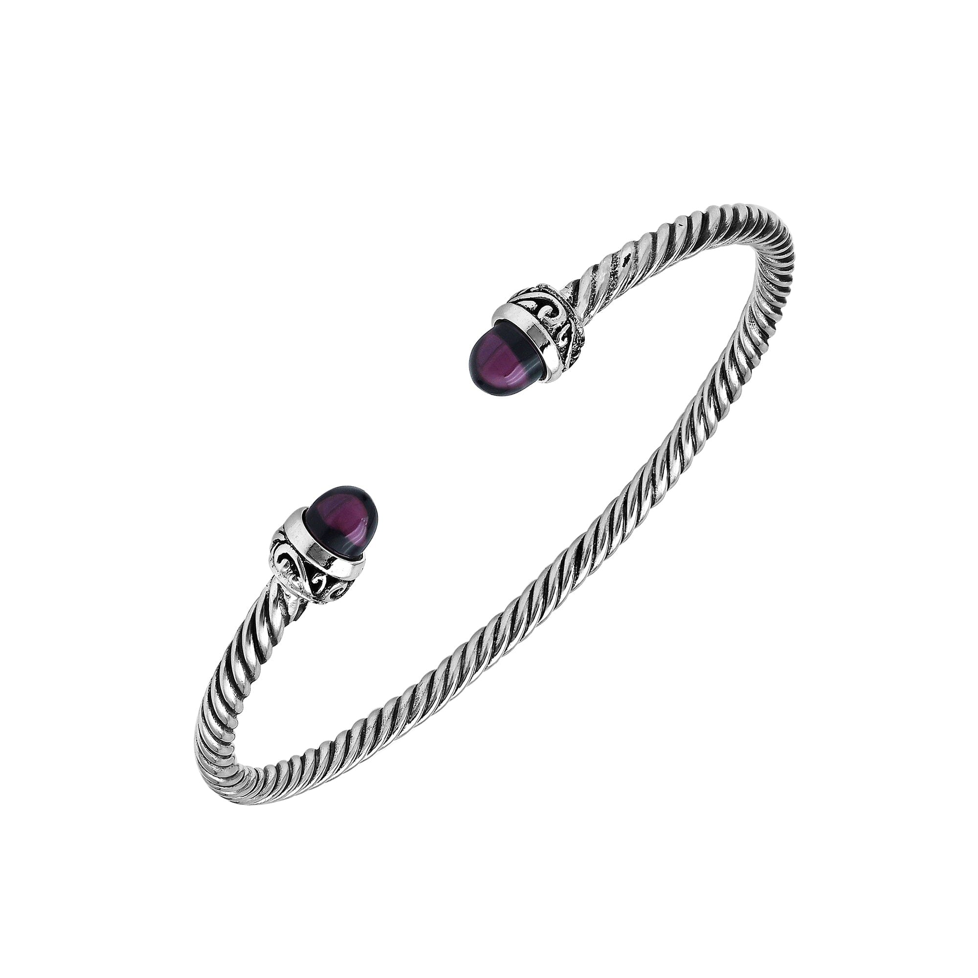 Sterling Silver Twisted Bangle With Amethyst Quartz End Caps For Retail