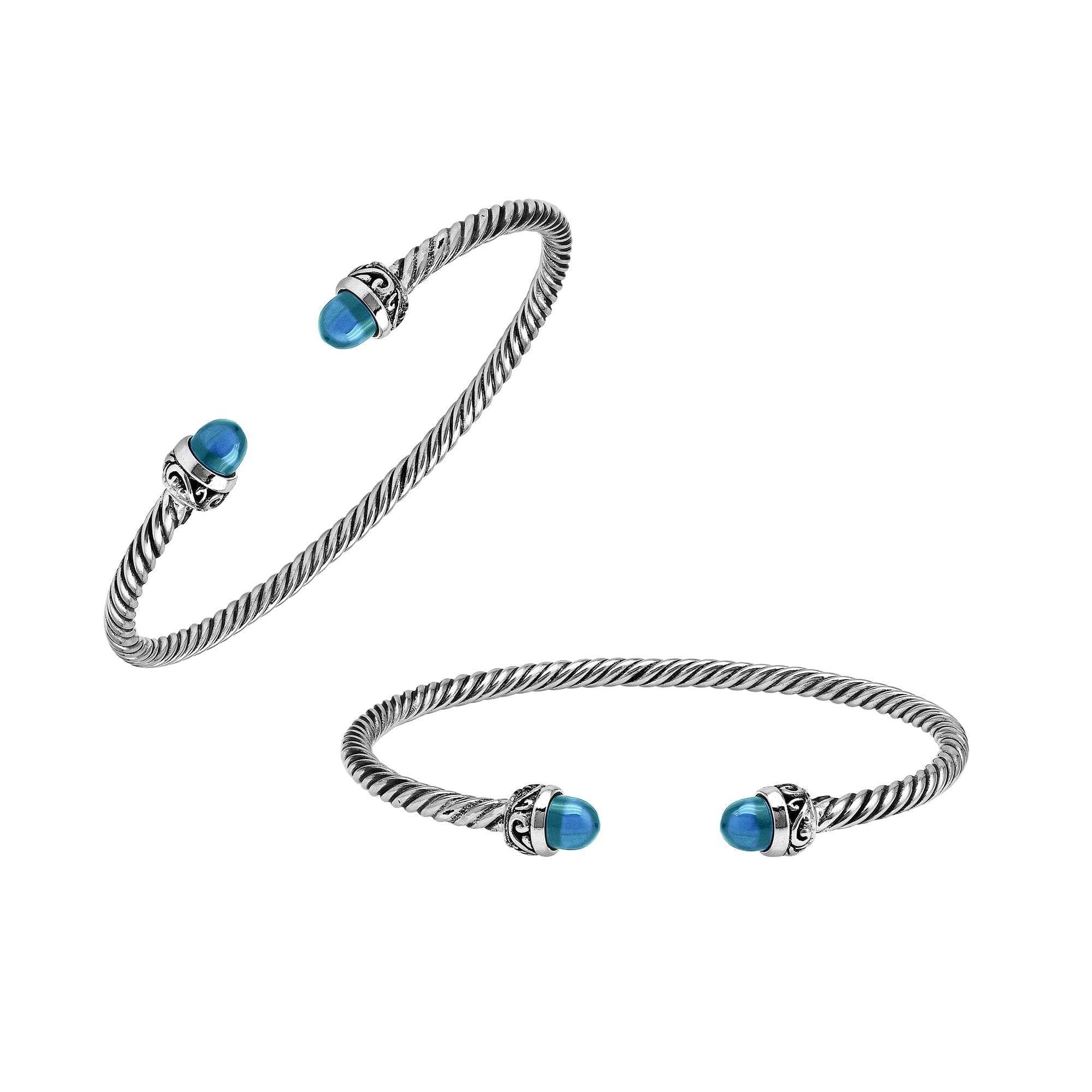 Sterling Silver Twisted Bangle With Blue Topaz Quartz End Caps For Retail