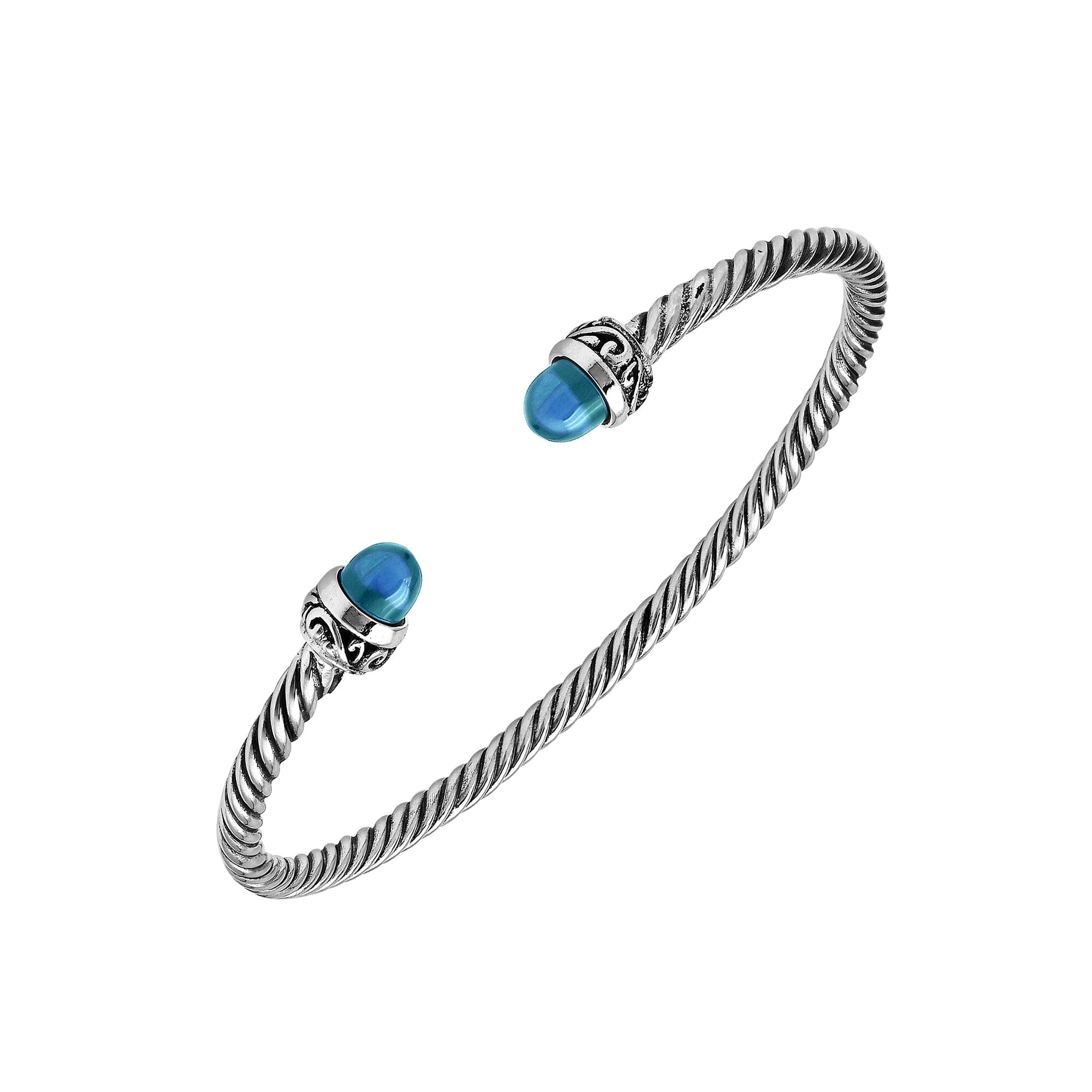 Sterling Silver Twisted Bangle With Blue Topaz Quartz End Caps For Retail