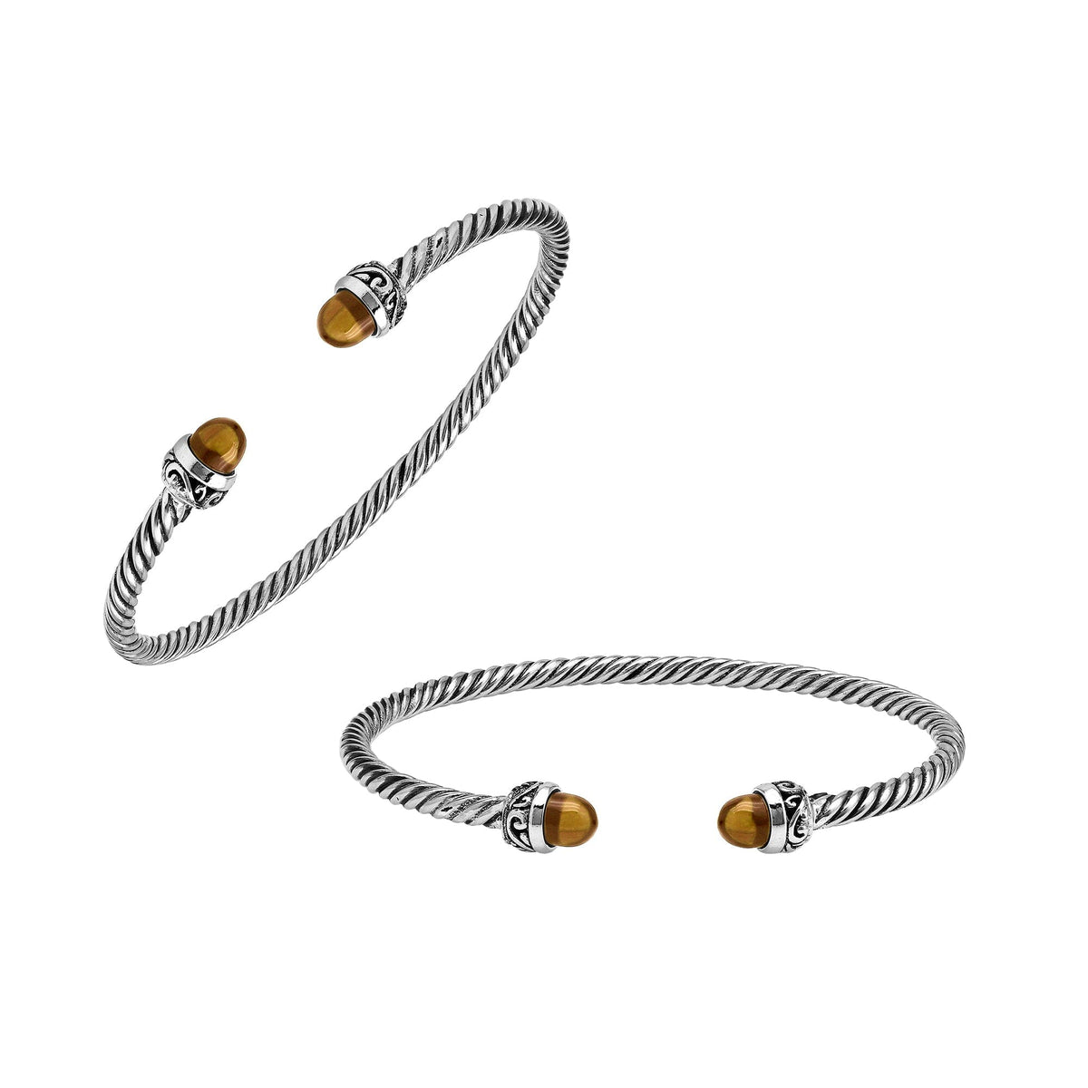 Sterling Silver Twisted Bangle With Citrine Quartz End Caps For Retail