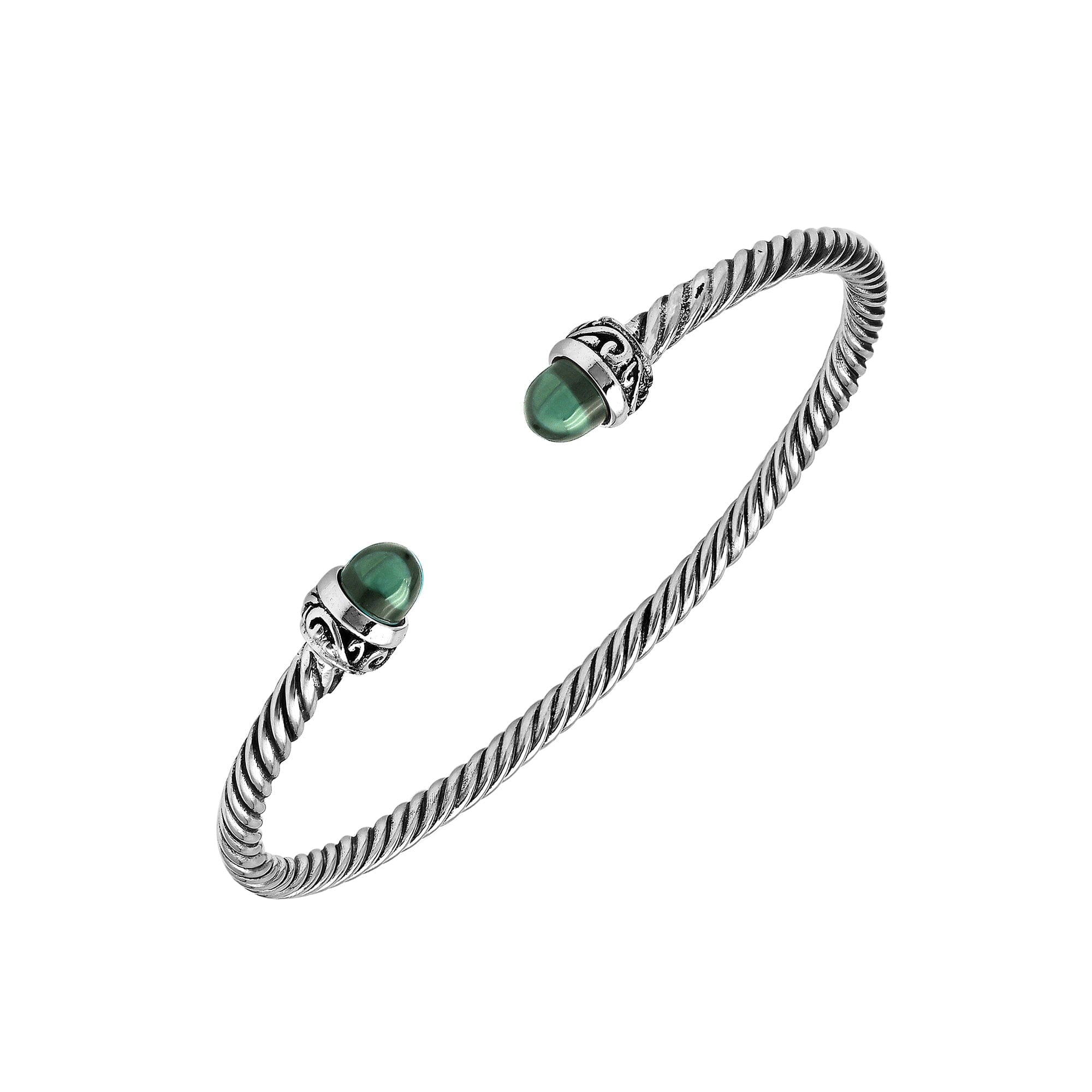 Sterling Silver Twisted Bangle With Green Amethyst Quartz End Caps For Retail