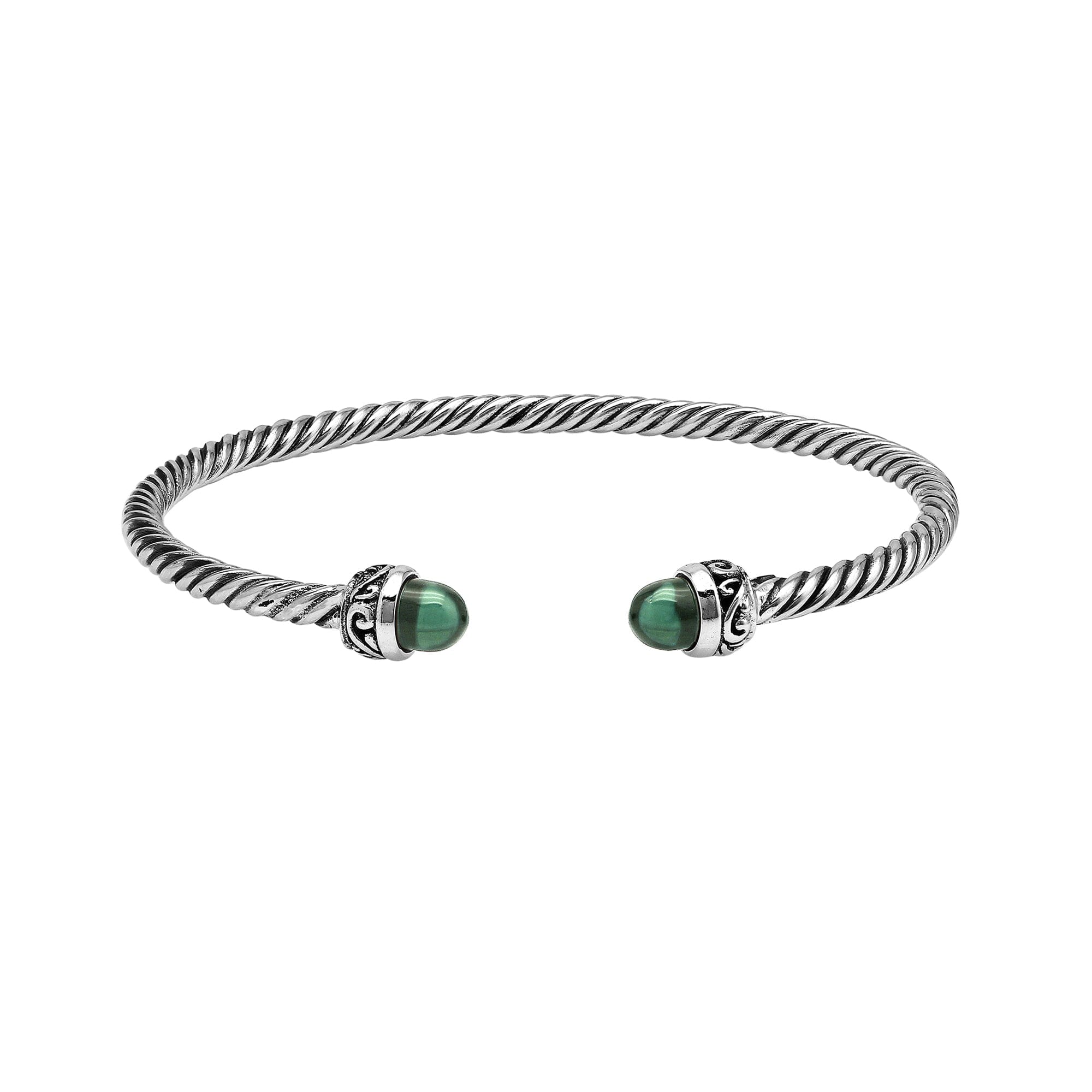 Sterling Silver Twisted Bangle With Green Amethyst Quartz End Caps For Retail
