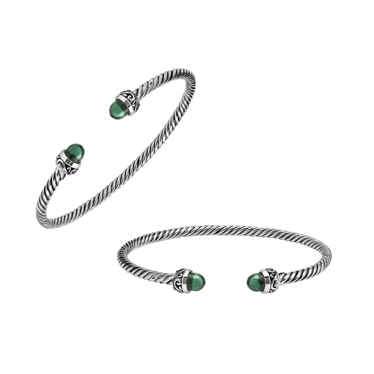 Sterling Silver Twisted Bangle With Green Amethyst Quartz End Caps For Retail