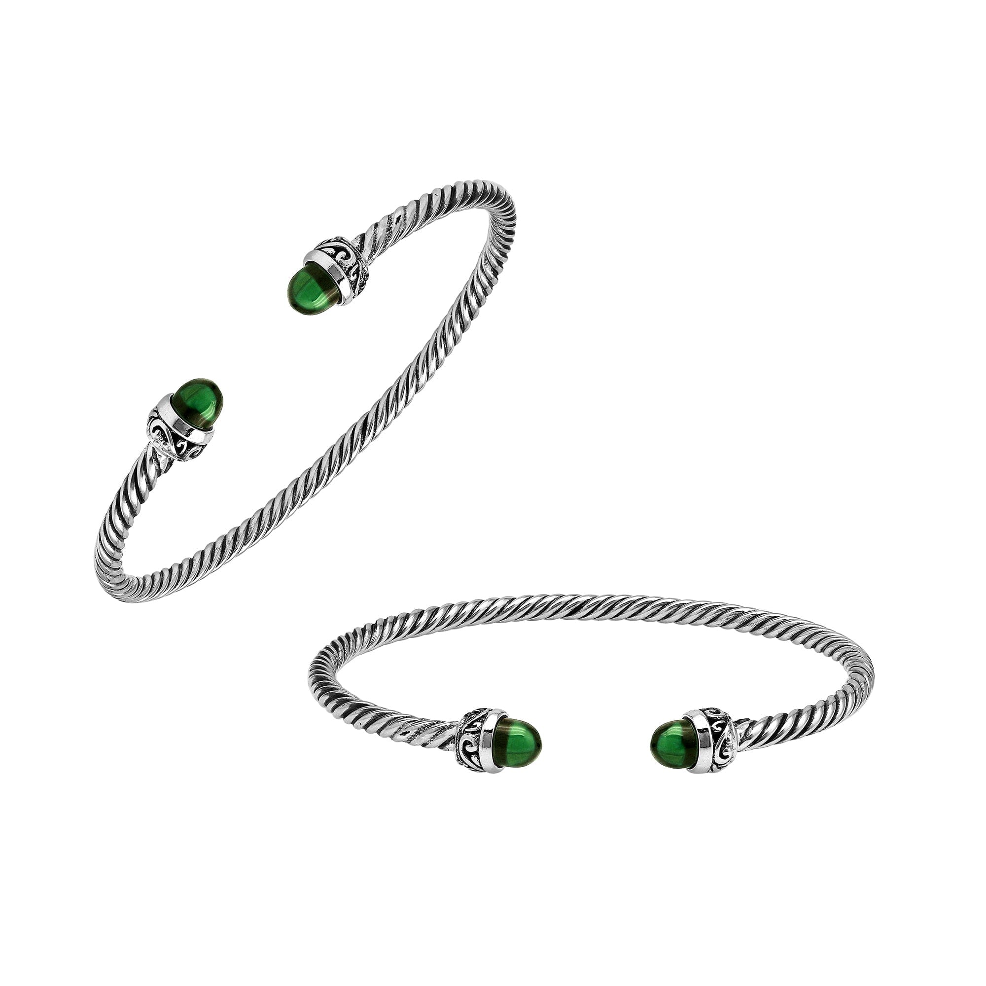 Sterling Silver Twisted Bangle With Green Quartz End Caps For Retail