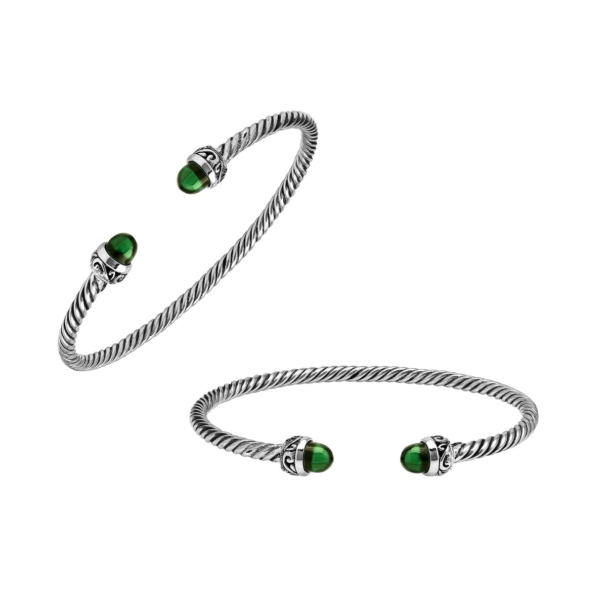 Sterling Silver Twisted Bangle With Green Quartz End Caps For Retail