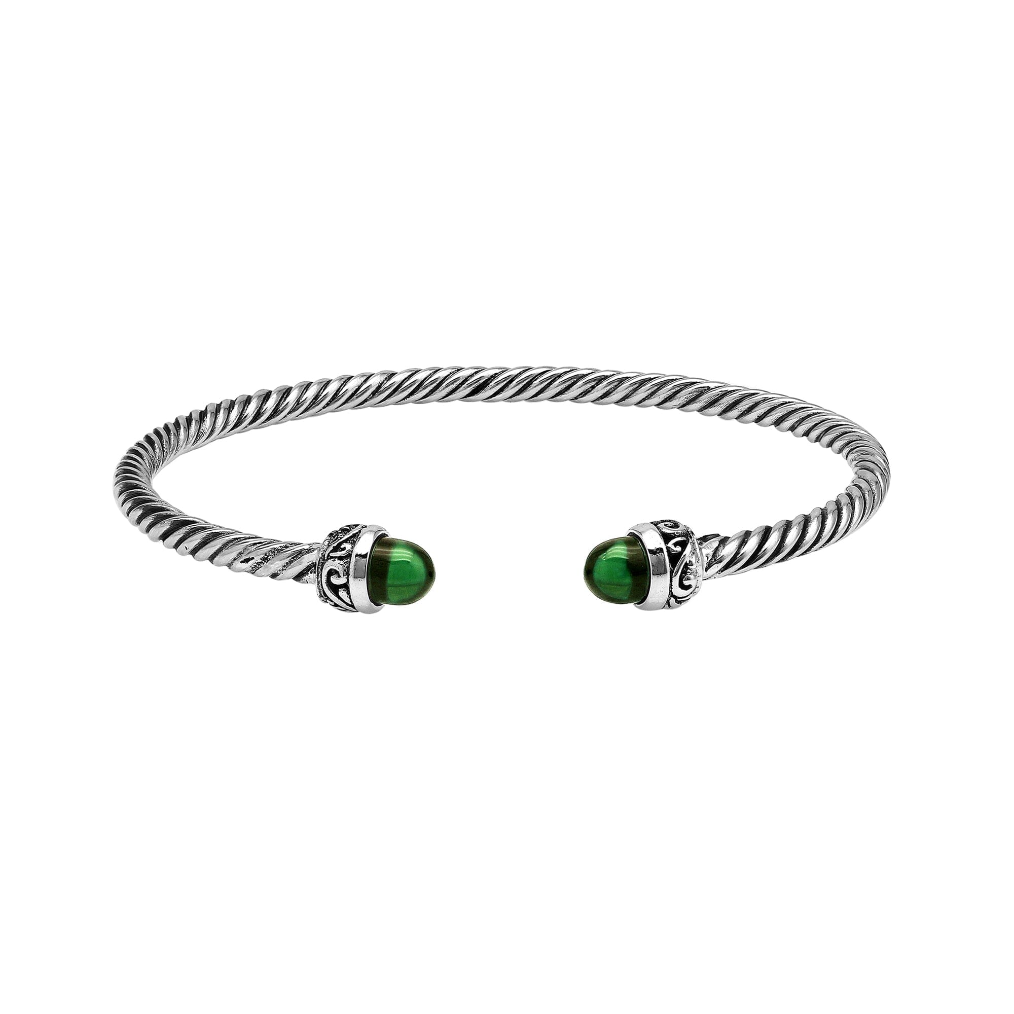Sterling Silver Twisted Bangle With Green Quartz End Caps For Retail