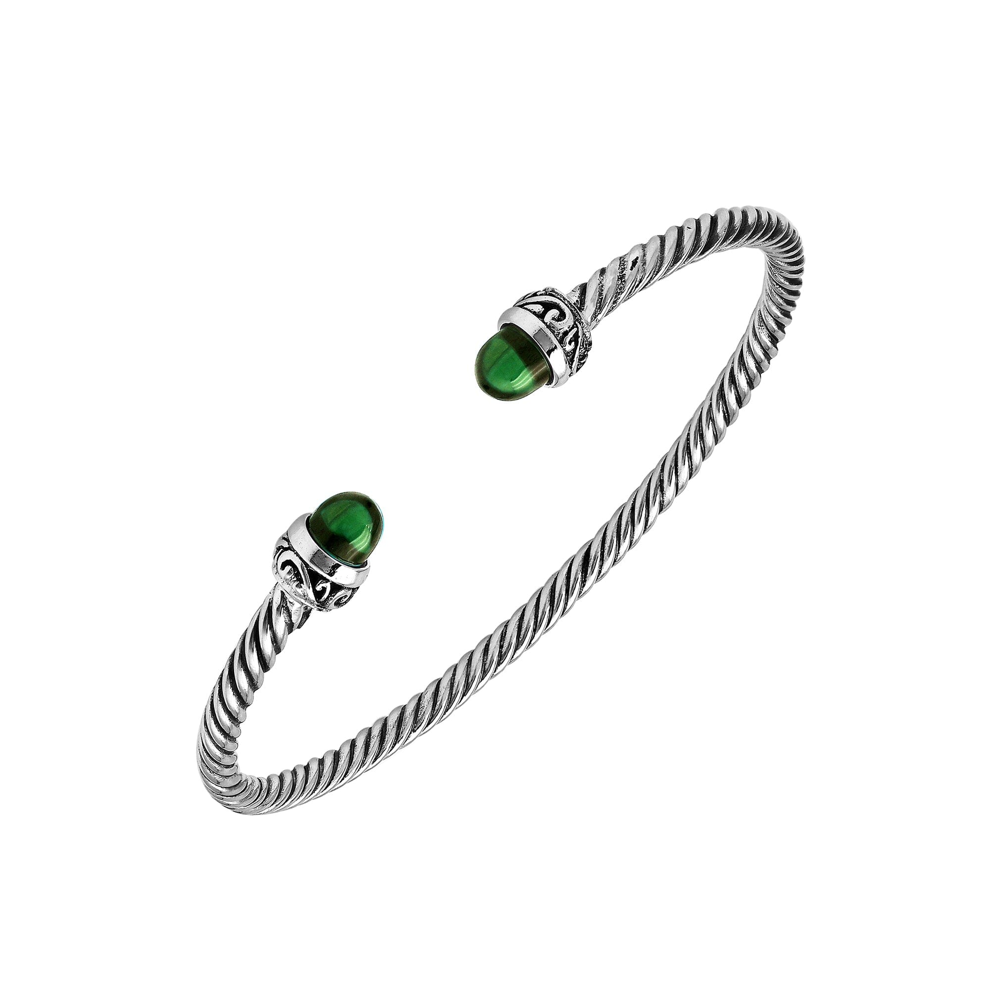Sterling Silver Twisted Bangle With Green Quartz End Caps For Retail