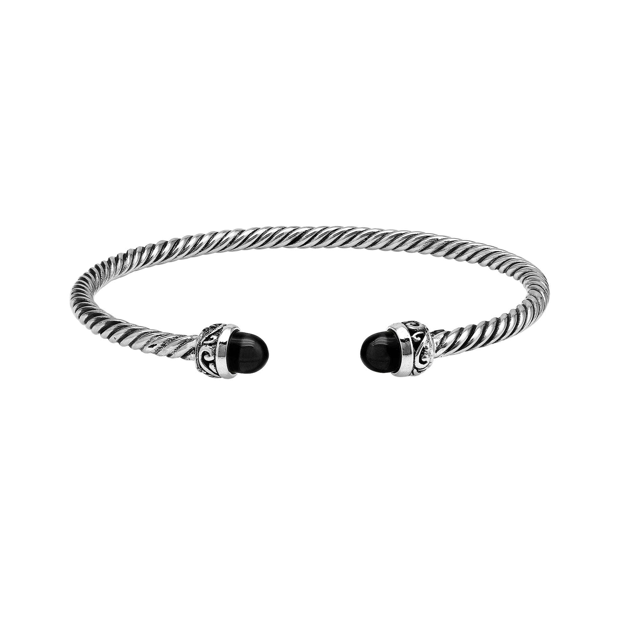 Sterling Silver Twisted Bangle With Black Onyx End Caps For Retail