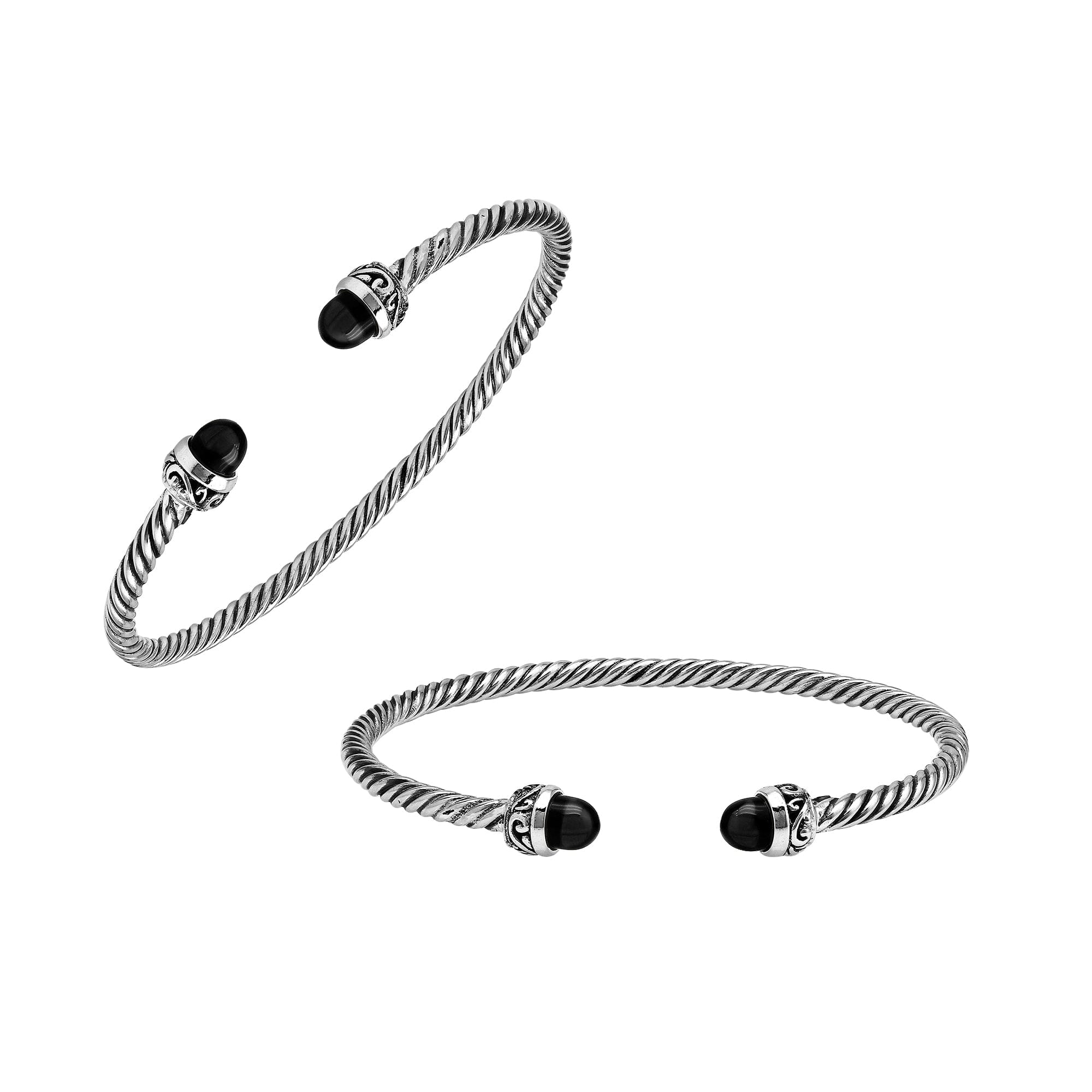 Sterling Silver Twisted Bangle With Black Onyx End Caps For Retail