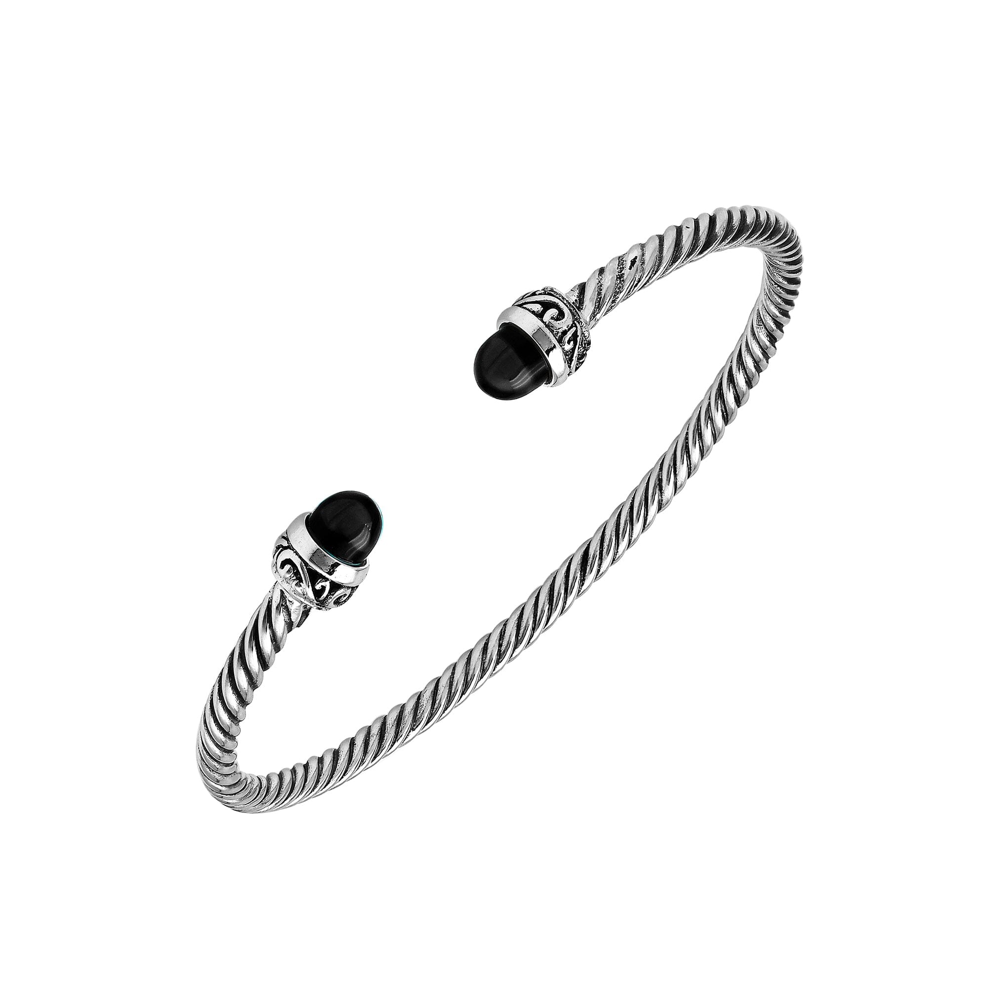 Sterling Silver Twisted Bangle With Black Onyx End Caps For Retail