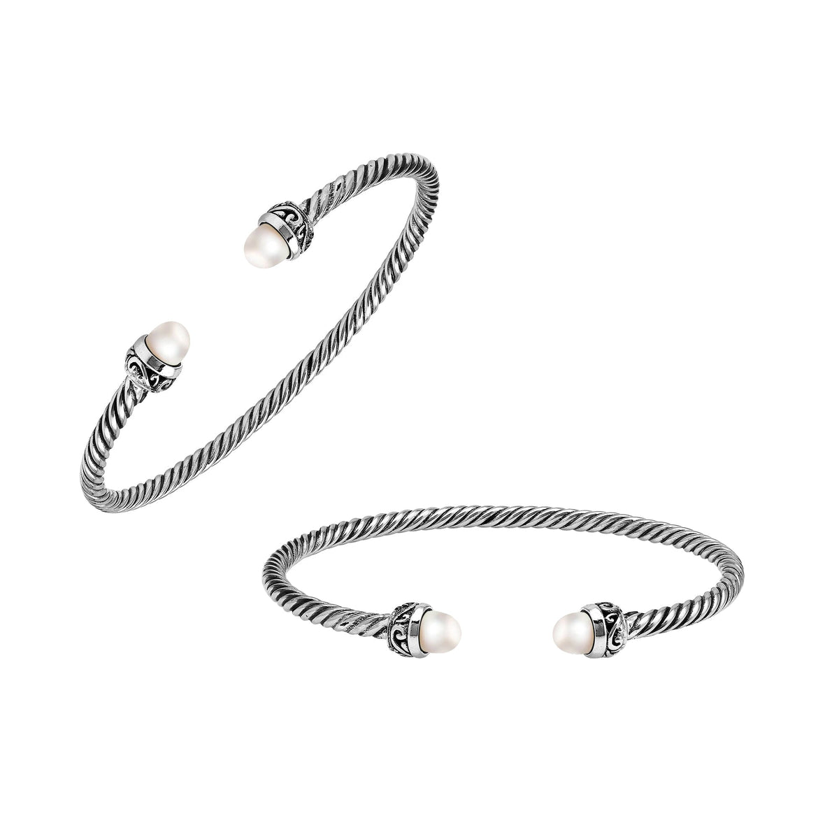 Sterling Silver Twisted Bangle With Pearl End Caps