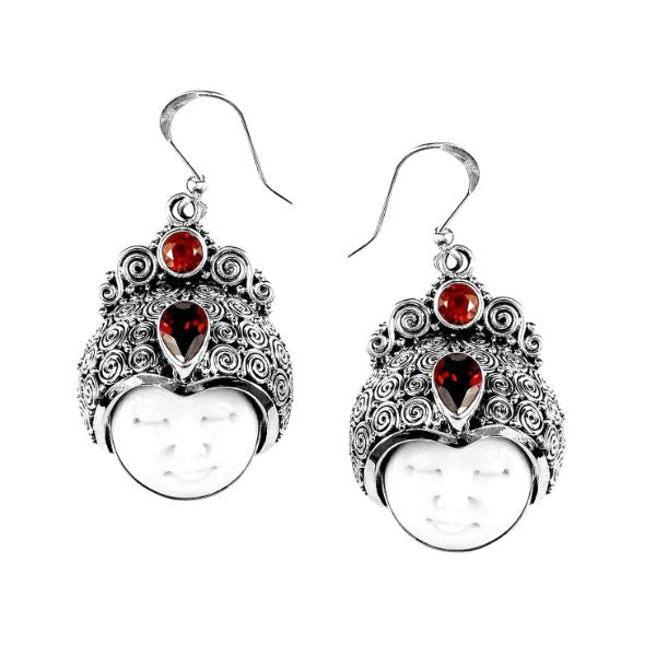 sterling silver moon face earrings with garnet Quartz and Bali filigree, handcrafted artisan bulk jewelry