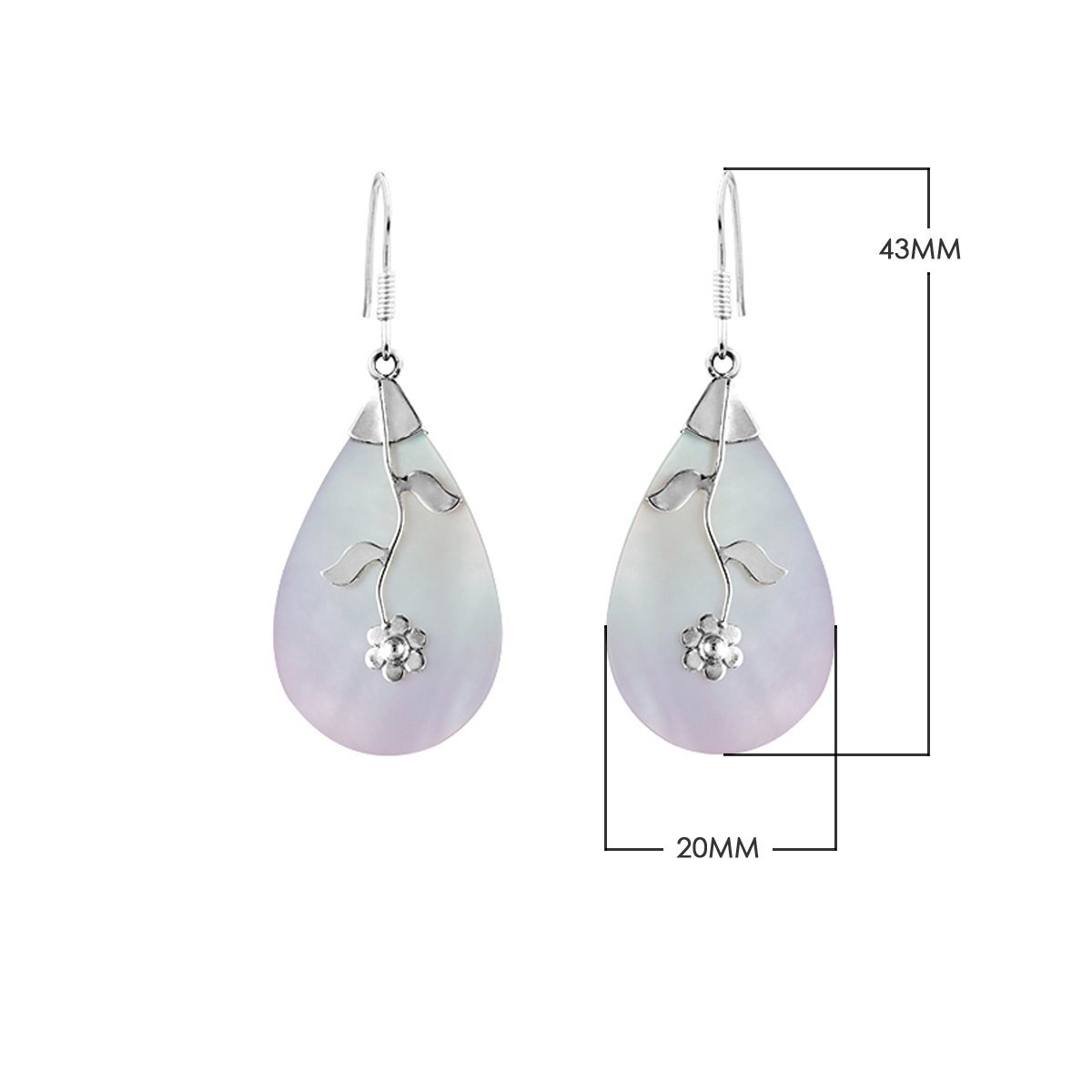 Sterling silver mother of pearl teardrop earrings with floral vine accent for women