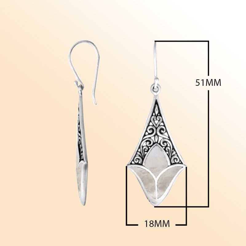 Sterling silver mother of pearl filigree diamond earrings with ornate silver design for women