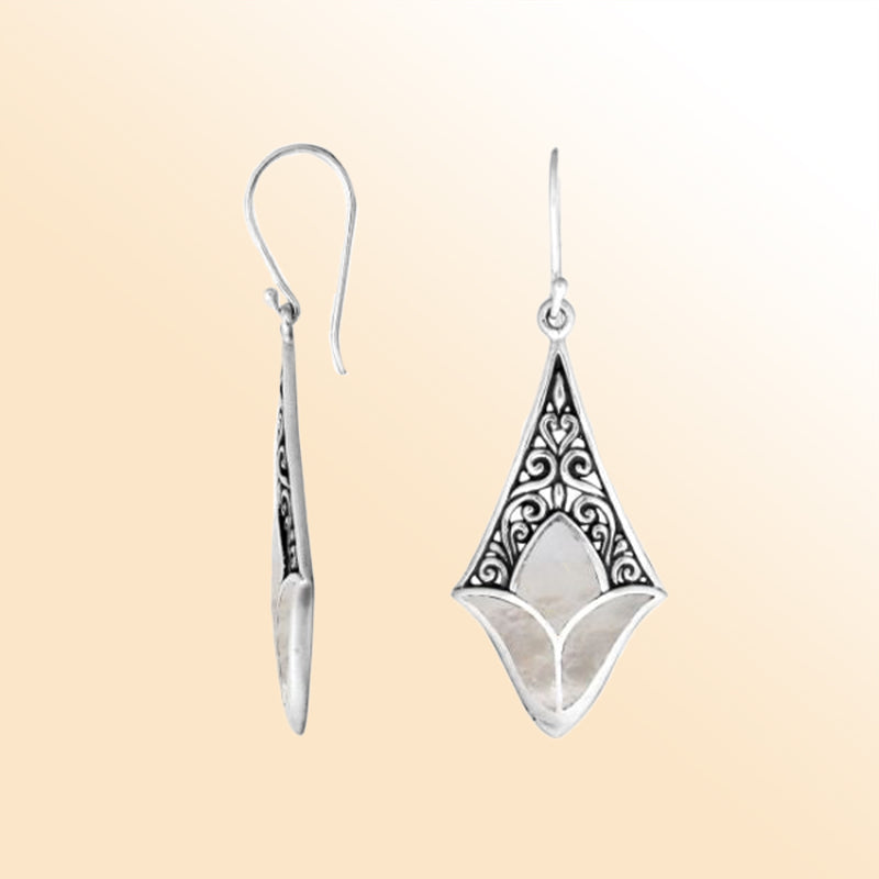Sterling silver mother of pearl filigree diamond earrings with ornate silver design for women