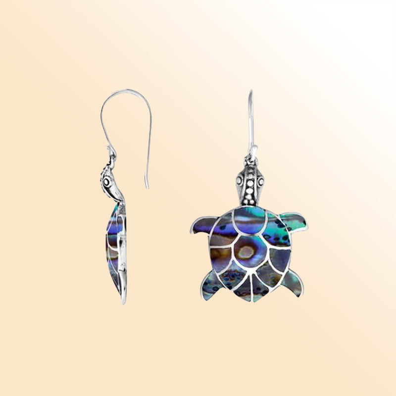 Sterling silver abalone turtle earrings with shimmering shell inlay for women