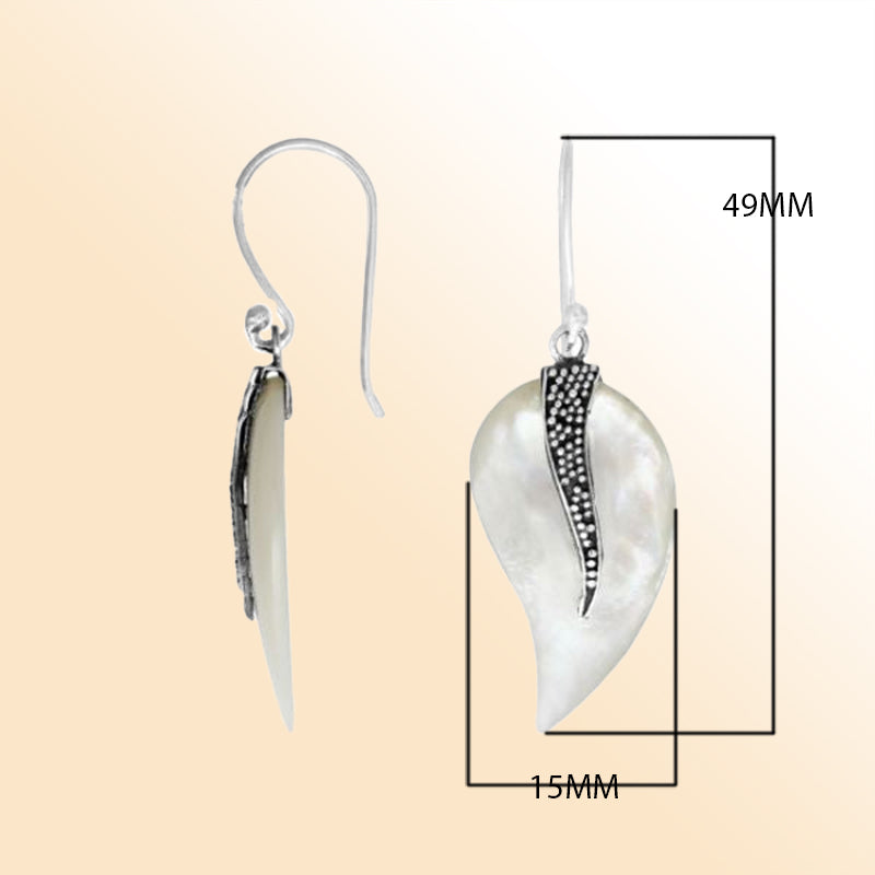 “Mother of Pearl leaf drop earrings with sterling silver textured wave accent – handcrafted artisan shell jewelry for women”