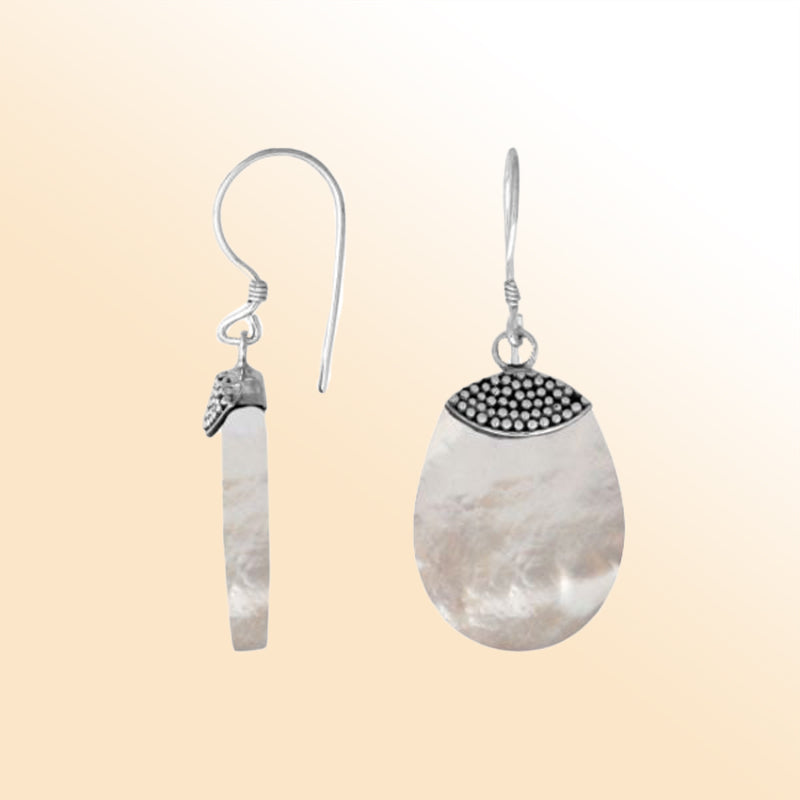 “Sterling silver oval earrings with luminous Mother of Pearl – handcrafted Bali jewelry with beadwork, a timeless and elegant gift”