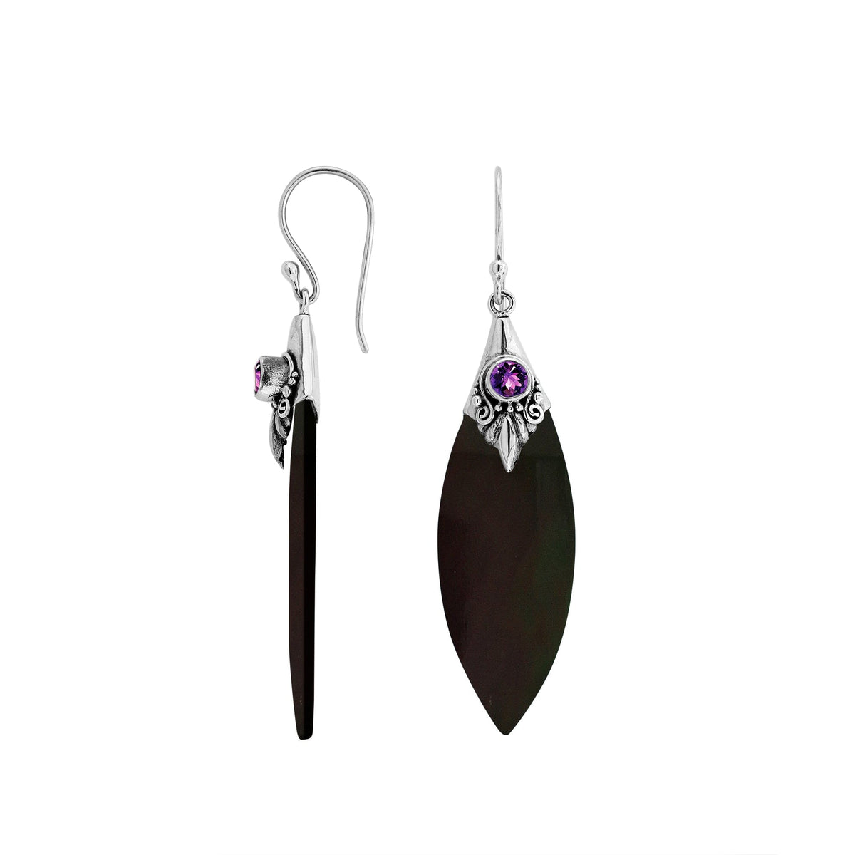 AE-1129-SHB Sterling Silver Fancy Shape Earring With Black Shell & Amethyst Jewelry Bali Designs Inc 
