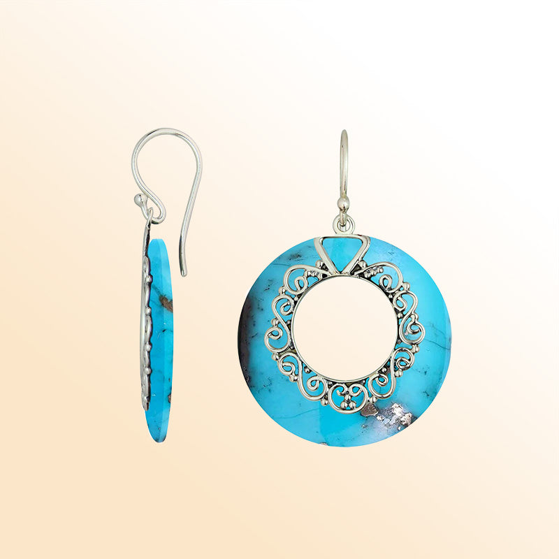 Sterling Silver Turquoise Shell Artistic Circle Earrings With Earwire