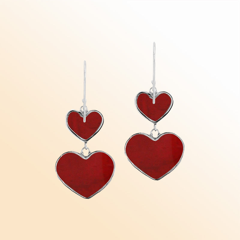 Sterling Silver Red Coral Twin Heart Dangle Earrings