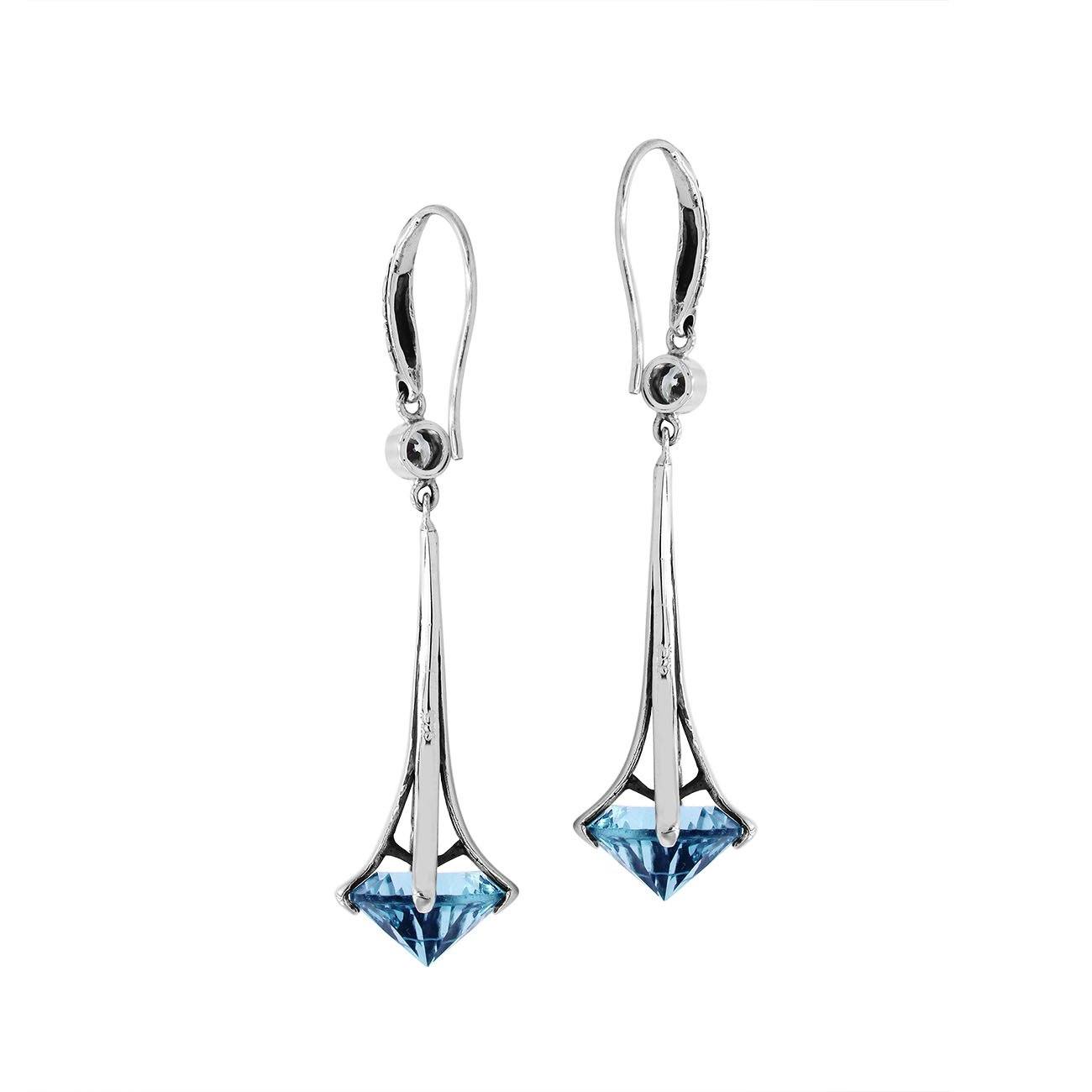 AE-1175-BT Sterling Silver Elegant Dangle Earrings With Blue Topaz Q. Jewelry Bali Designs Inc 