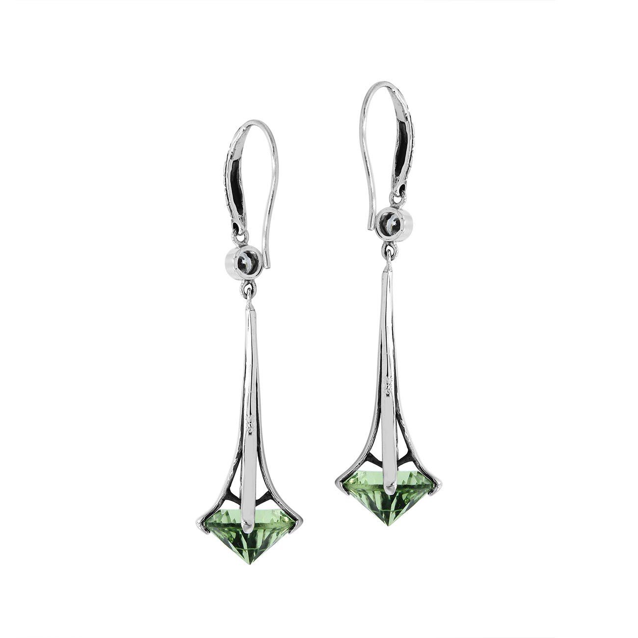 AE-1175-GAM Sterling Silver Elegant Dangle Earrings With Green Amethyst Q. Jewelry Bali Designs Inc 