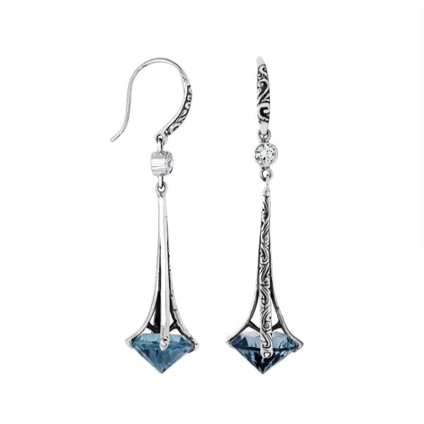 AE-1175-LBT Sterling Silver Elegant Dangle Earrings With London Blue Topaz Q. Jewelry Bali Designs Inc 