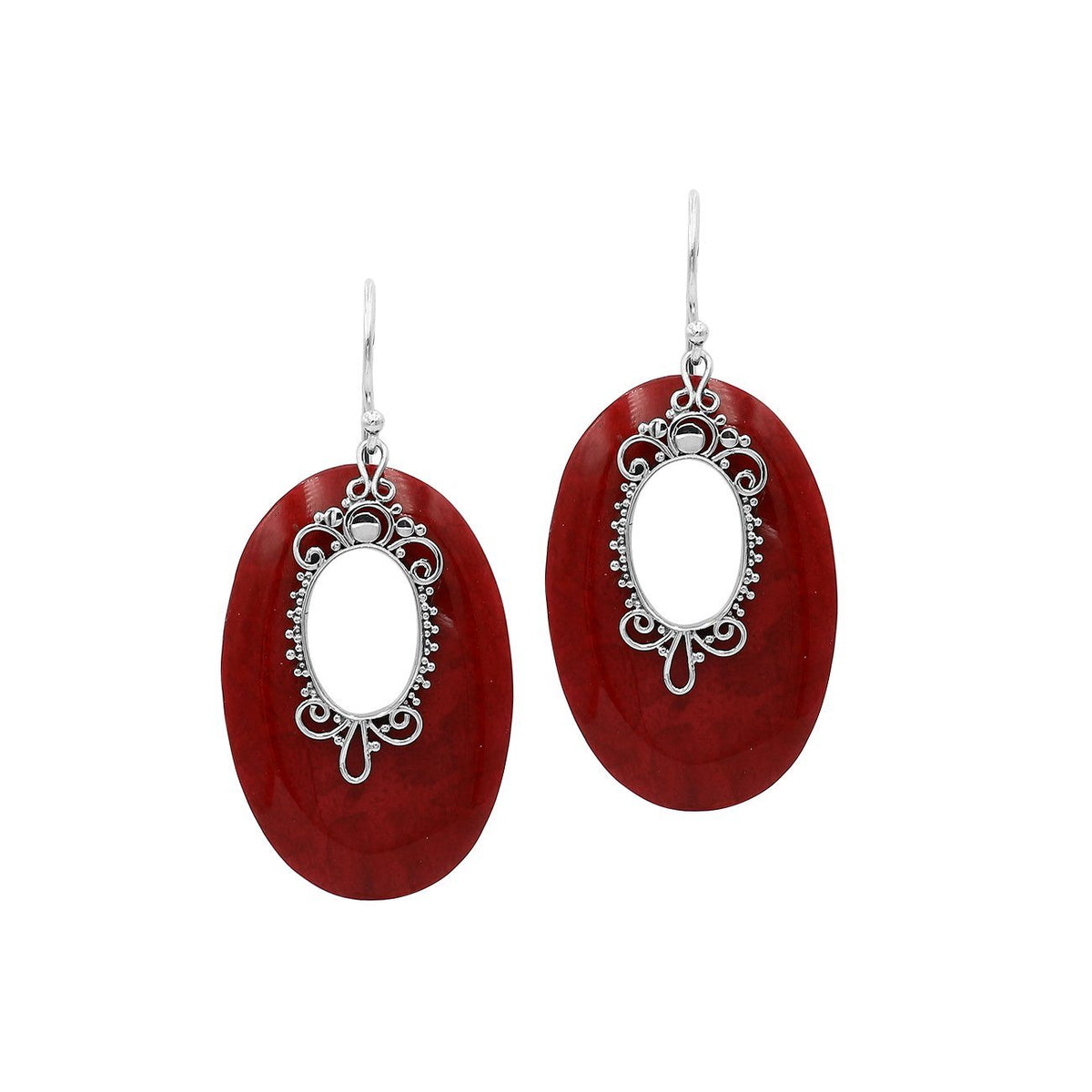 AE-1180-CR Sterling Silver Oval Shape Earring With Coral Jewelry Bali Designs Inc 