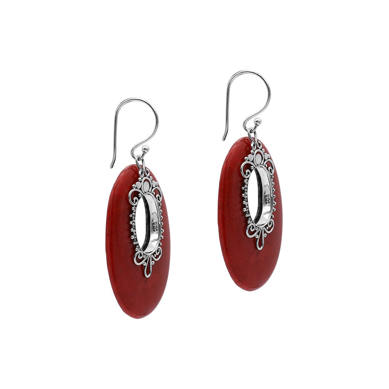 AE-1180-CR Sterling Silver Oval Shape Earring With Coral Jewelry Bali Designs Inc 