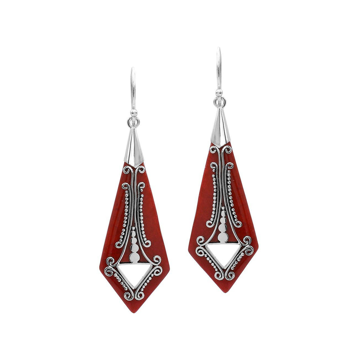 AE-1181-CR Sterling Silver Fancy Shape Earring With Coral Jewelry Bali Designs Inc 