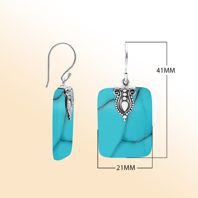 Artistic Turquoise Shell rectangle earrings with ornate silver crest