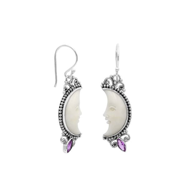 AE-1185-AM Sterling Silver Half Moon Shape Earring With Bone Face and Amethyst Jewelry Bali Designs Inc 
