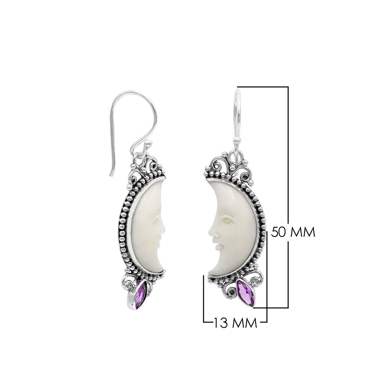AE-1185-AM Sterling Silver Half Moon Shape Earring With Bone Face and Amethyst Jewelry Bali Designs Inc 