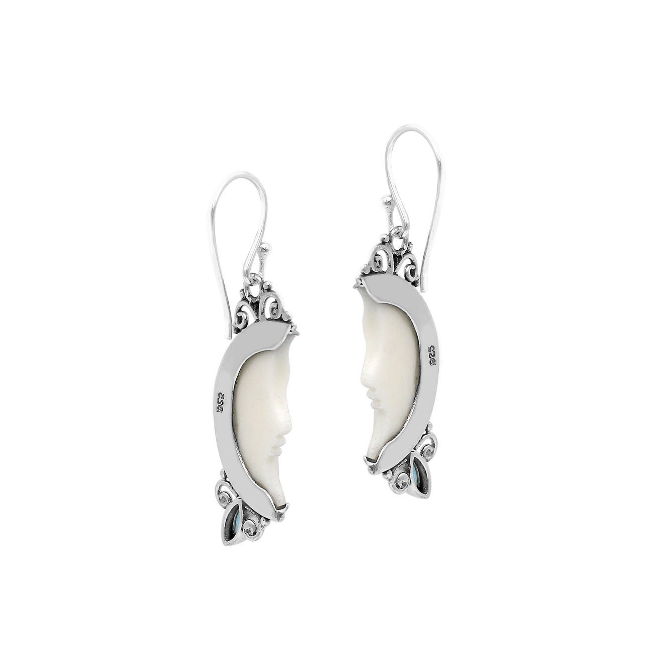 AE-1185-BT Sterling Silver Half Moon Shape Earring With Bone Face and Blue Topaz Jewelry Bali Designs Inc 