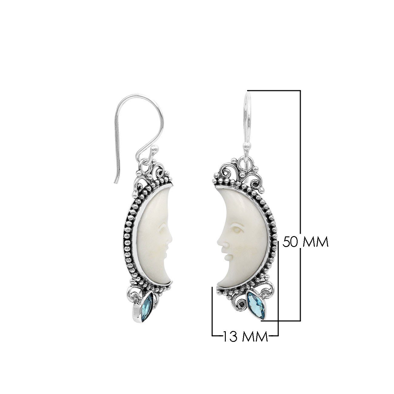 AE-1185-BT Sterling Silver Half Moon Shape Earring With Bone Face and Blue Topaz Jewelry Bali Designs Inc 