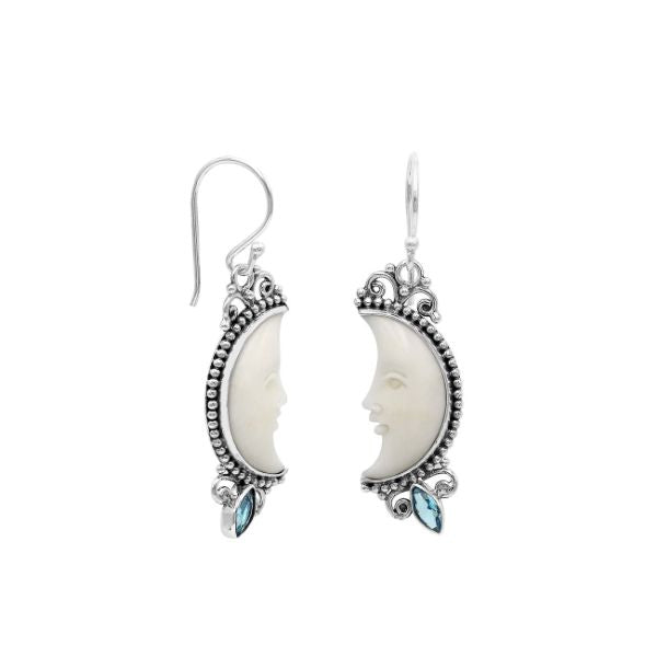 AE-1185-BT Sterling Silver Half Moon Shape Earring With Bone Face and Blue Topaz Jewelry Bali Designs Inc 